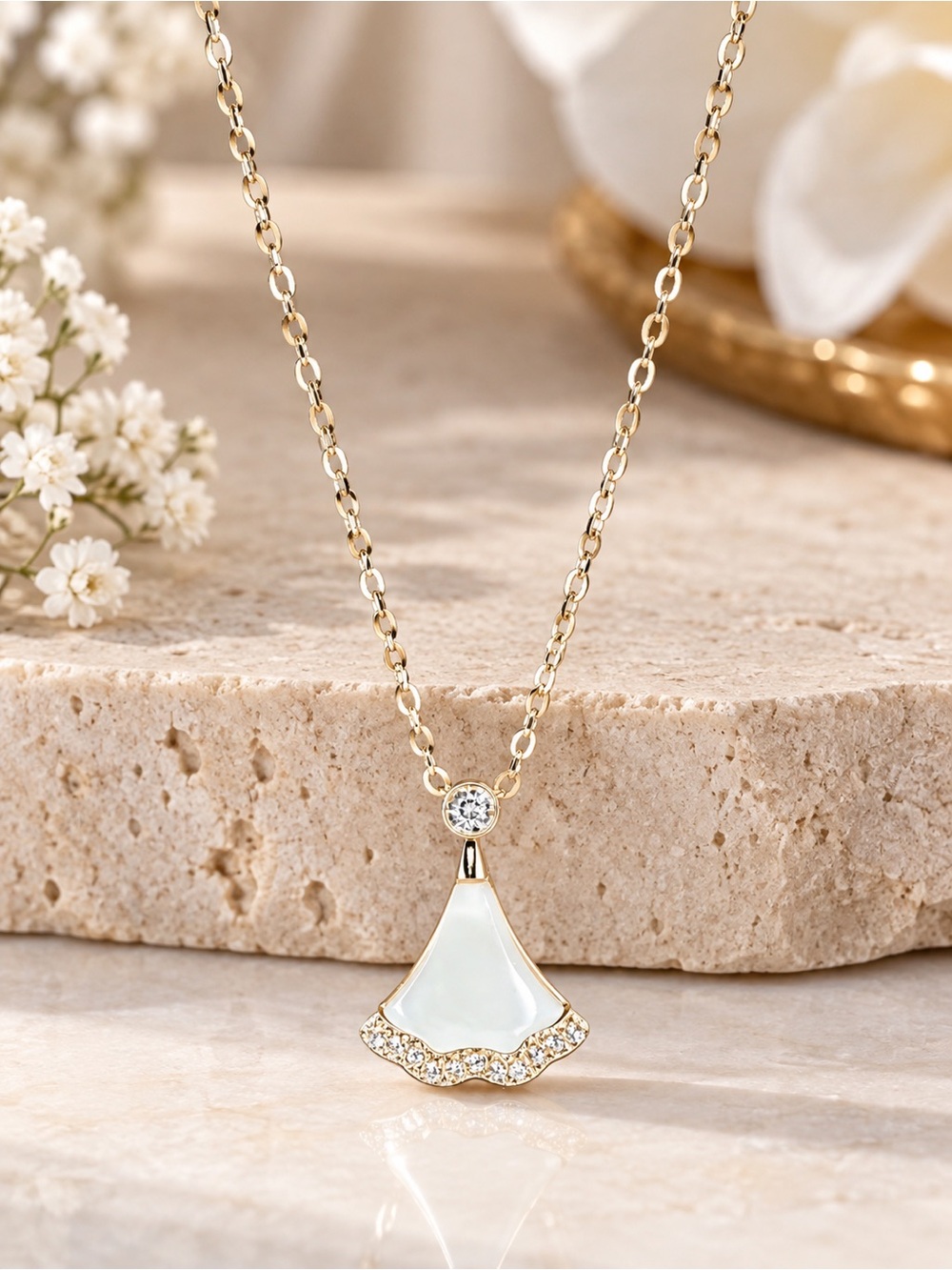 Silver Tone White Enamel Ginkgo Leaf Crystal Pendant Necklace Elegant Boho Chic